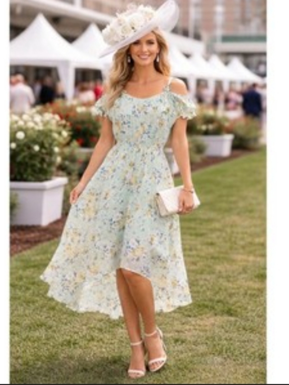 As U Wish Pale Blue Floral High-Low Cold-Shoulder Dress Size L